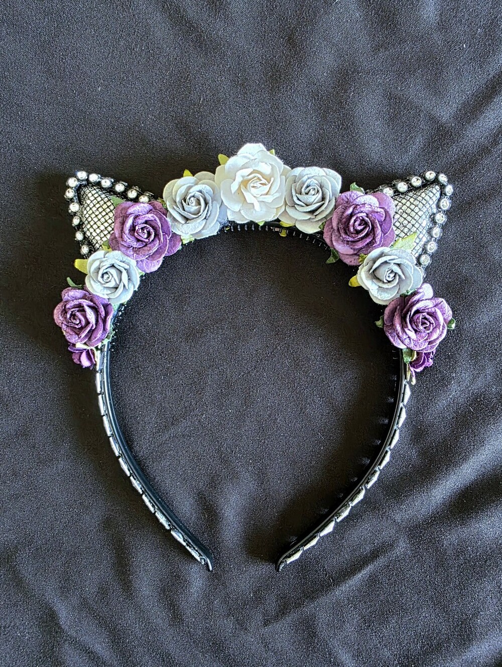 Custom Cat Ear Floral Crown Headband with Purple & White Roses and Pyramid Studs